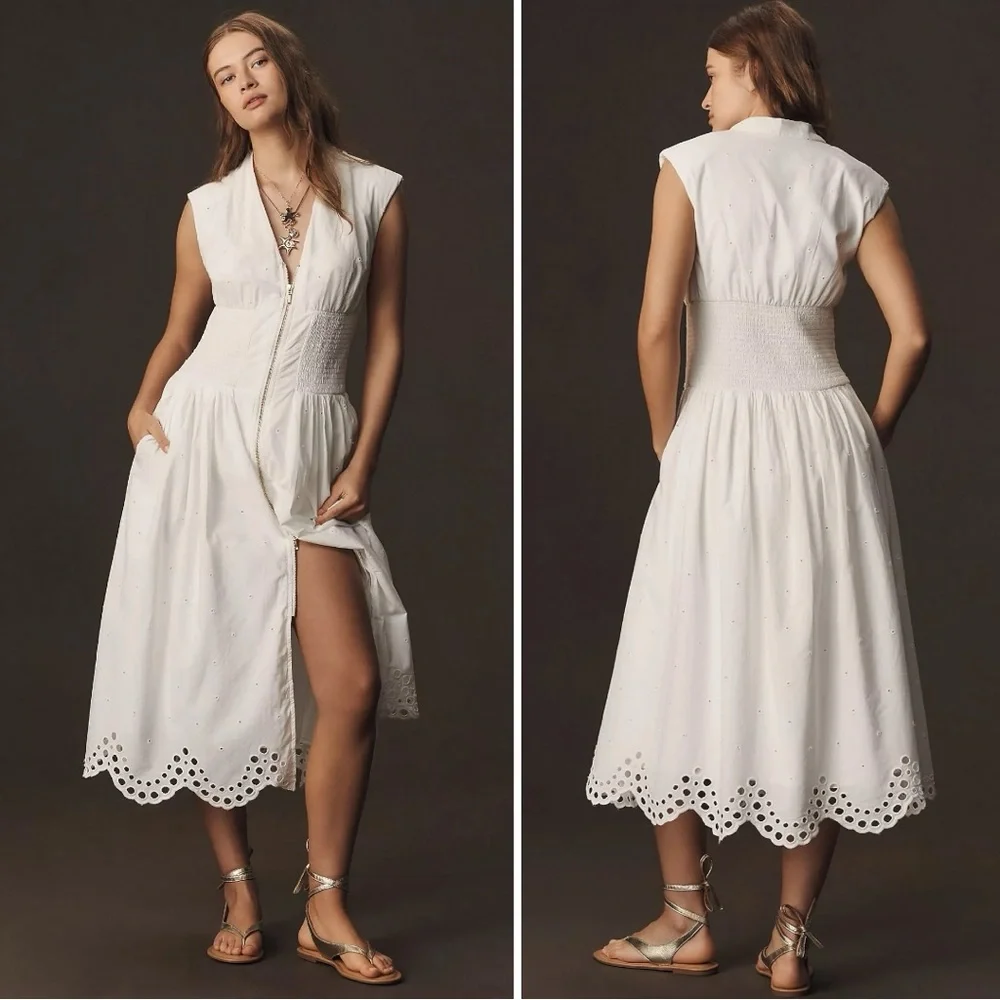 Anthropologie Maeve The Tommie Smocked Shirt Dress Eyelet Trim Zip Front Large - Picture 3 of 11